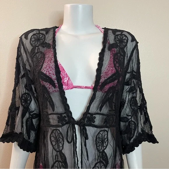 Black embroidered dream catcher lacebeach cover up kimono